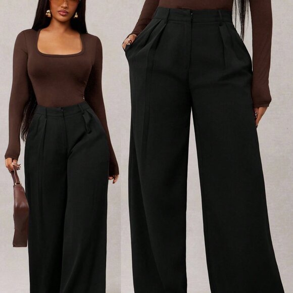 Black Women's Casual High Waisted Pleated Wide Leg Pants - Picture 5 of 5